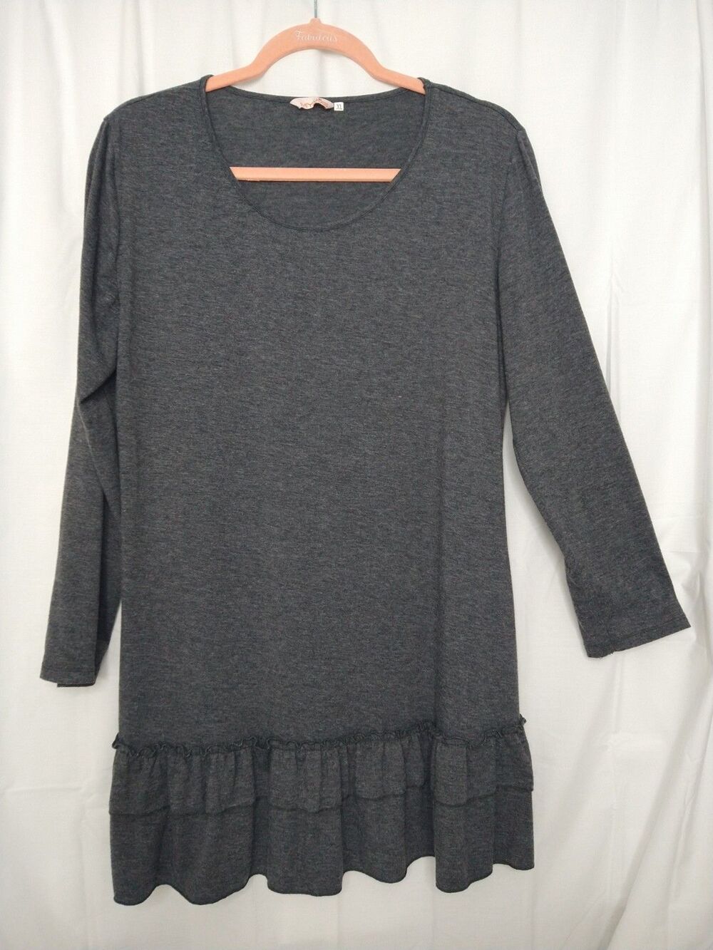 MiYang Mini Dress sz XL Gray Grey T-shirt Jersey ruffle long sleeve round neck